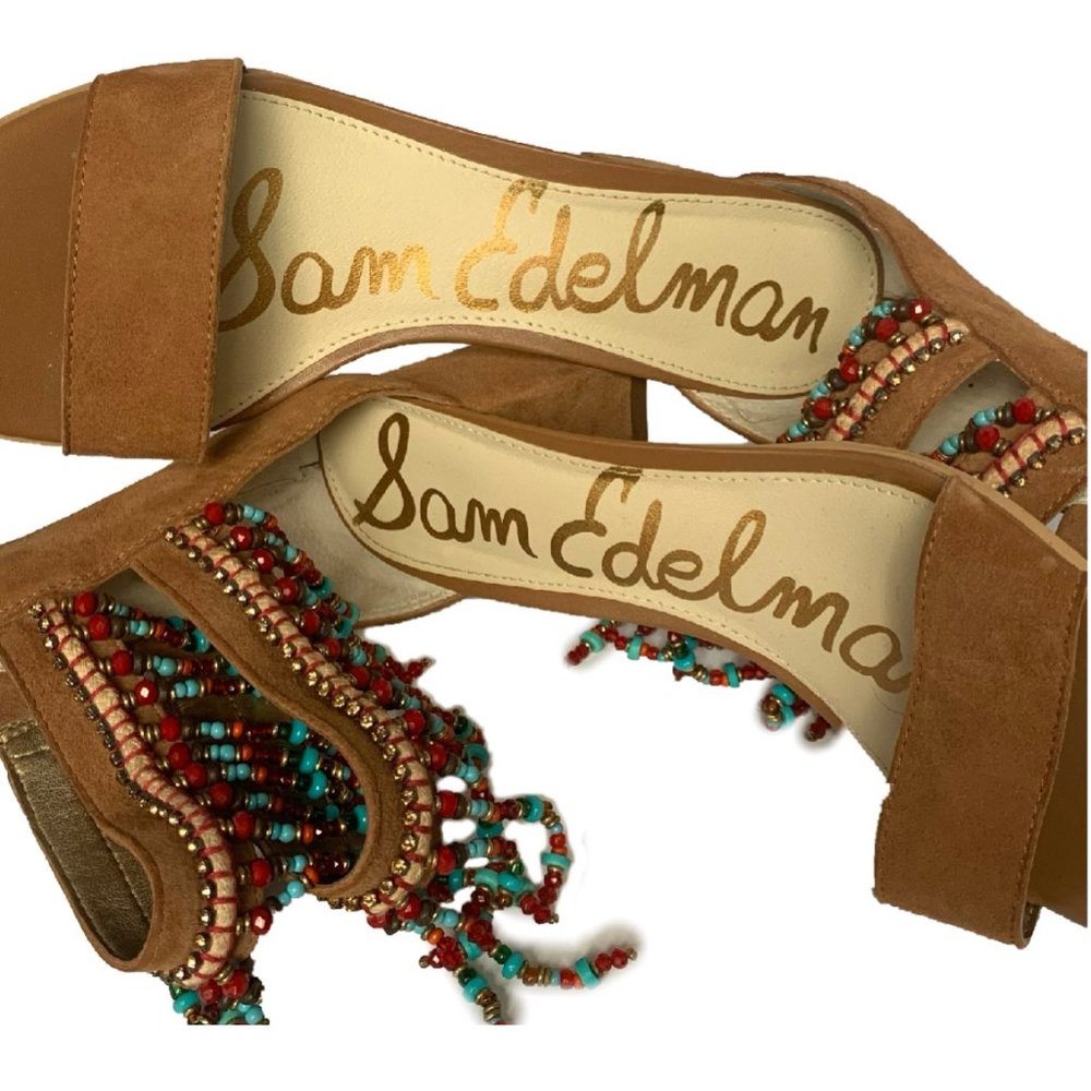 Sam Edelman Sibel Beaded Ankle Strap Sandals Block Heel Brown Tan Women's 8.5 - Picture 3 of 9